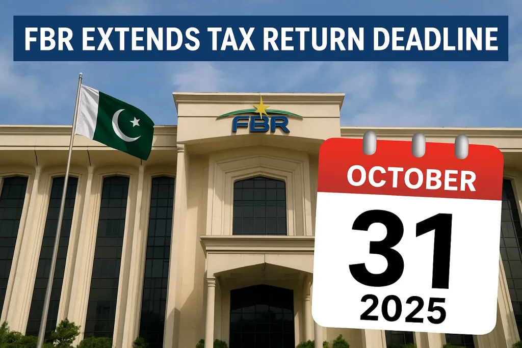 FBR office Islamabad building with Pakistani tax filing deadline extension banner for FY 2024-25